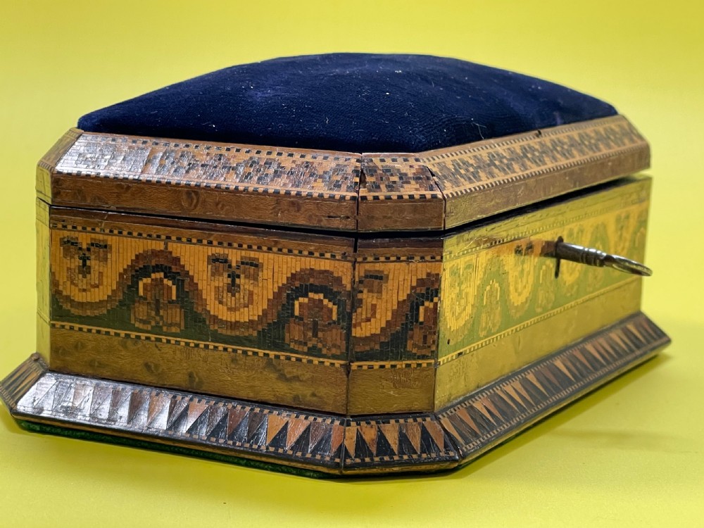 Antique Tunbridge Ware Sewing Box & Pin Cushion View III