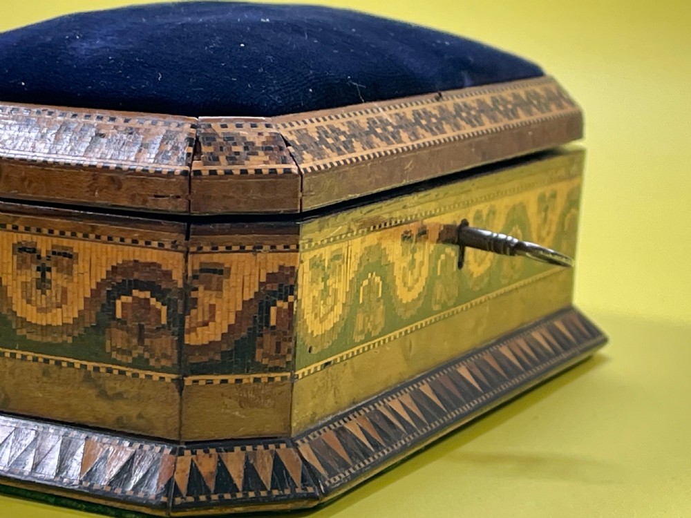 Antique Tunbridge Ware Sewing Box & Pin Cushion View IV