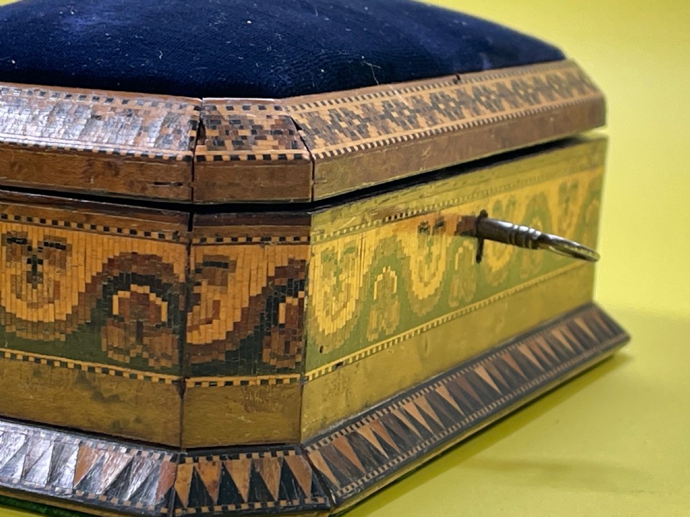 Antique Tunbridge Ware Sewing Box & Pin Cushion View V