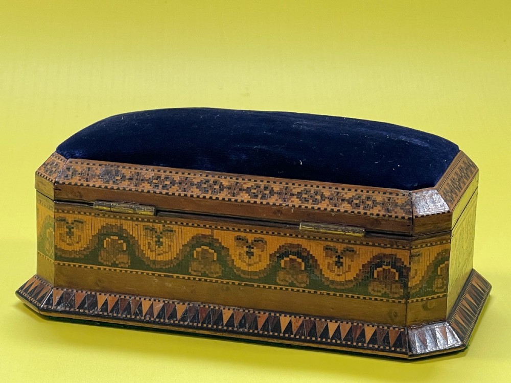 Antique Tunbridge Ware Sewing Box & Pin Cushion View VIII