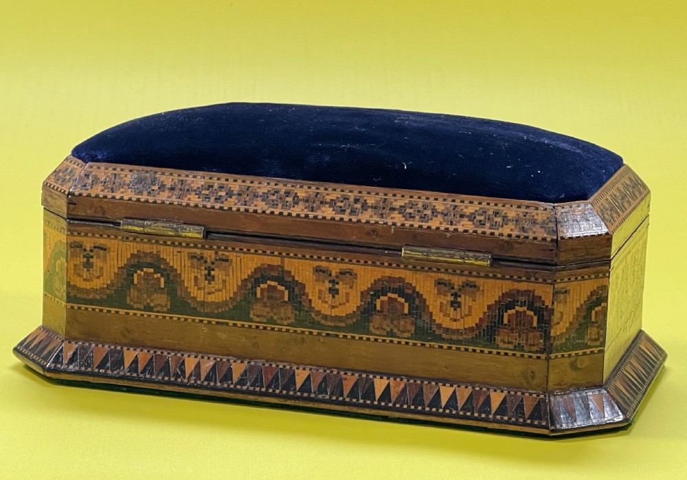 Antique Tunbridge Ware Sewing Box & Pin Cushion View IX