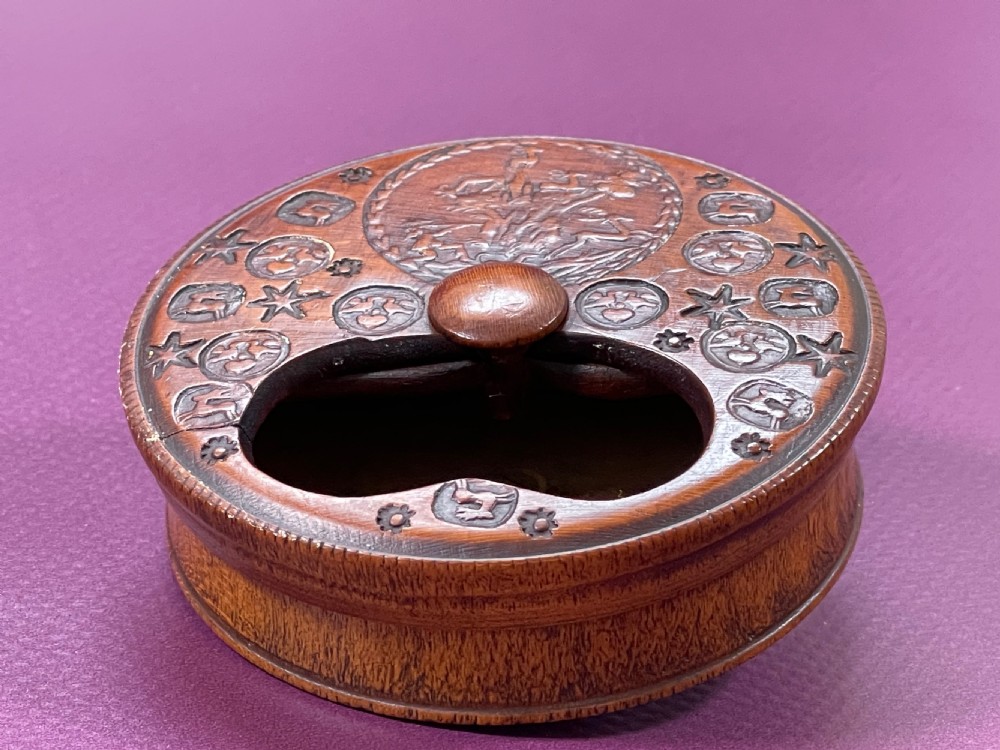 Antique Treen Misers Snuff Box - Stags, birds, hearts View III