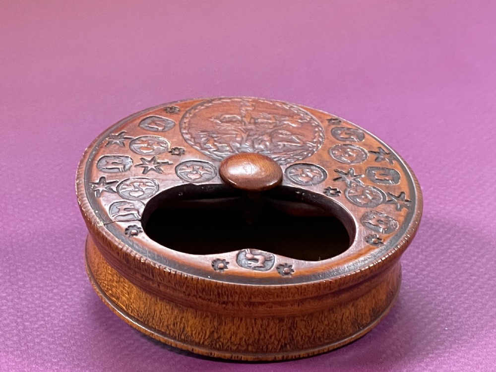 Antique Treen Misers Snuff Box - Stags, birds, hearts View IV