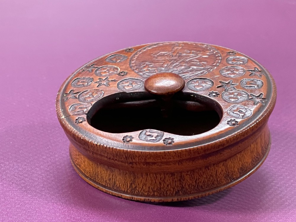 Antique Treen Misers Snuff Box - Stags, birds, hearts View VI
