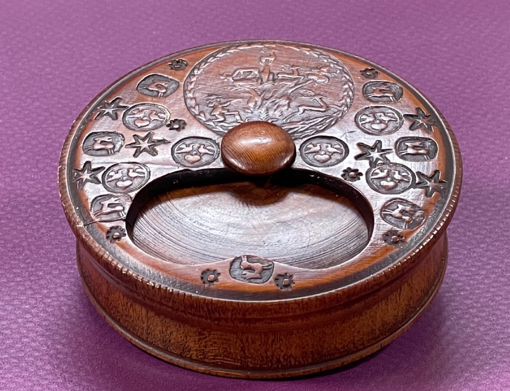 Antique Treen Misers Snuff Box - Stags, birds, hearts View VIII