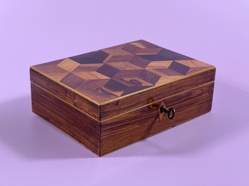 Antique Tunbridge Ware Box - tumbling block lid