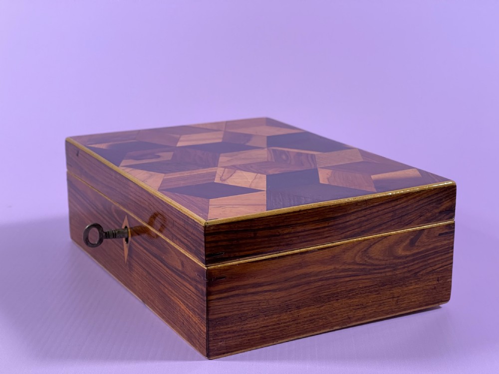 Antique Tunbridge Ware Box - tumbling block lid View VI