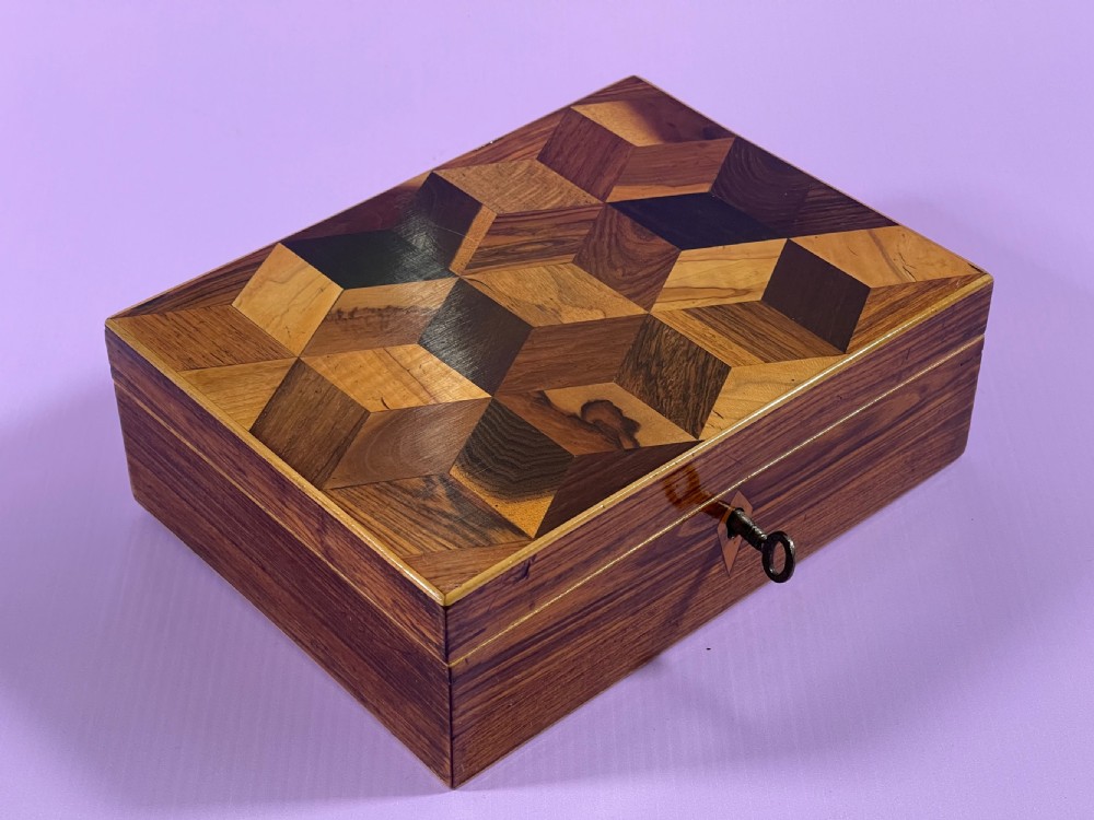 Antique Tunbridge Ware Box - tumbling block lid View VIII