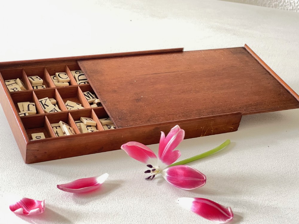 Antique Alphabet & Spelling Box - bone double sided letter tiles