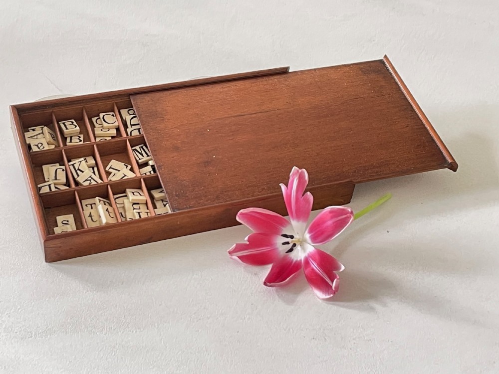 Antique Alphabet & Spelling Box - bone double sided letter tiles View II