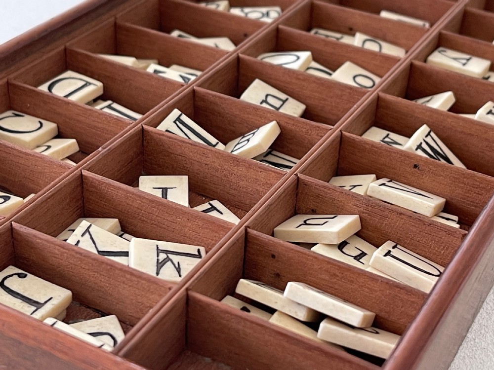 Antique Alphabet & Spelling Box - bone double sided letter tiles View V
