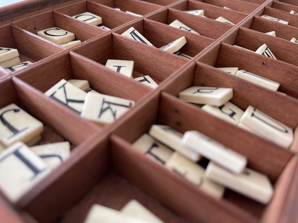 Antique Alphabet & Spelling Box - bone double sided letter tiles View VI