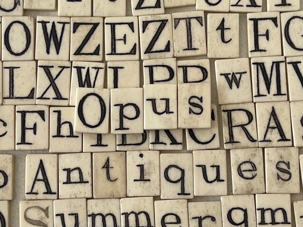 Antique Alphabet & Spelling Box - bone double sided letter tiles View VII