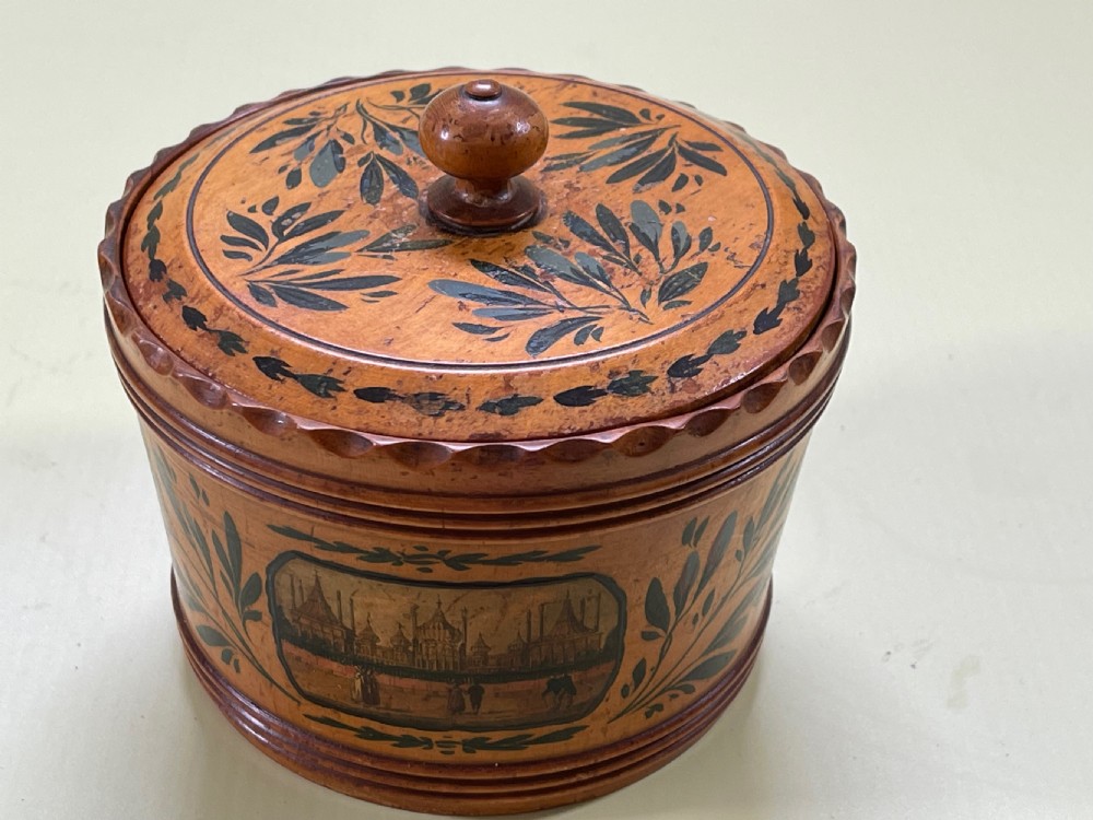 An early Tunbridge Ware painted circular sewing box View II