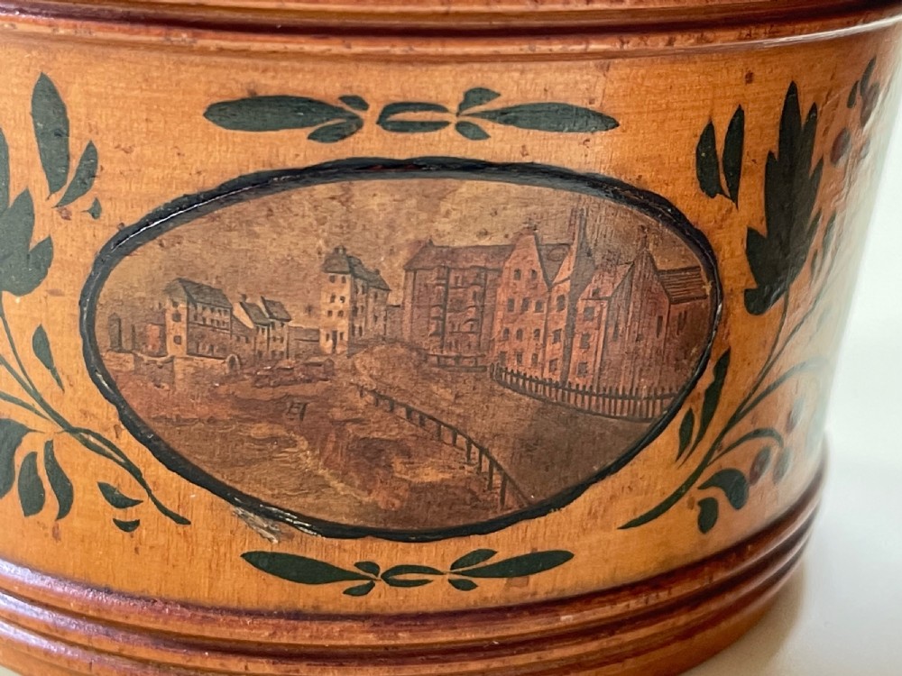 An early Tunbridge Ware painted circular sewing box View III