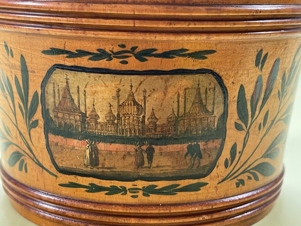 An early Tunbridge Ware painted circular sewing box View IV