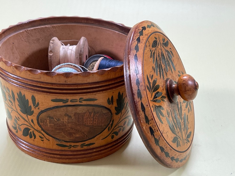 An early Tunbridge Ware painted circular sewing box View V