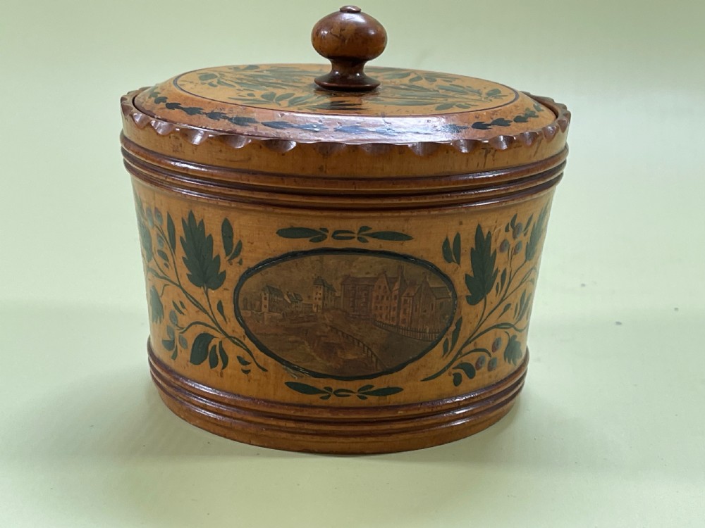 An early Tunbridge Ware painted circular sewing box View VII