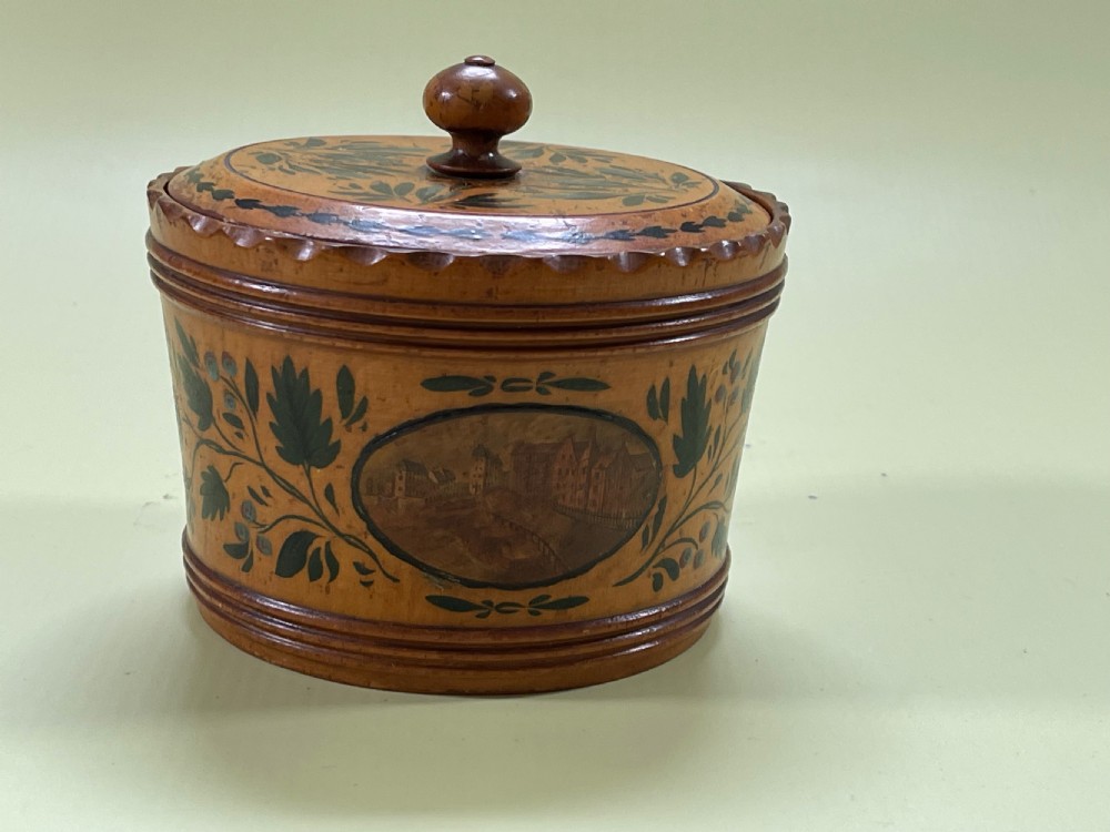 An early Tunbridge Ware painted circular sewing box View VIII