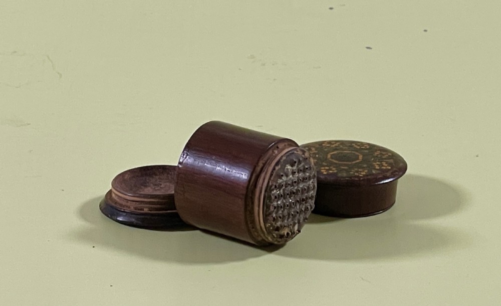 An antique  treen Tunbridge Ware nutmeg grater.  View III