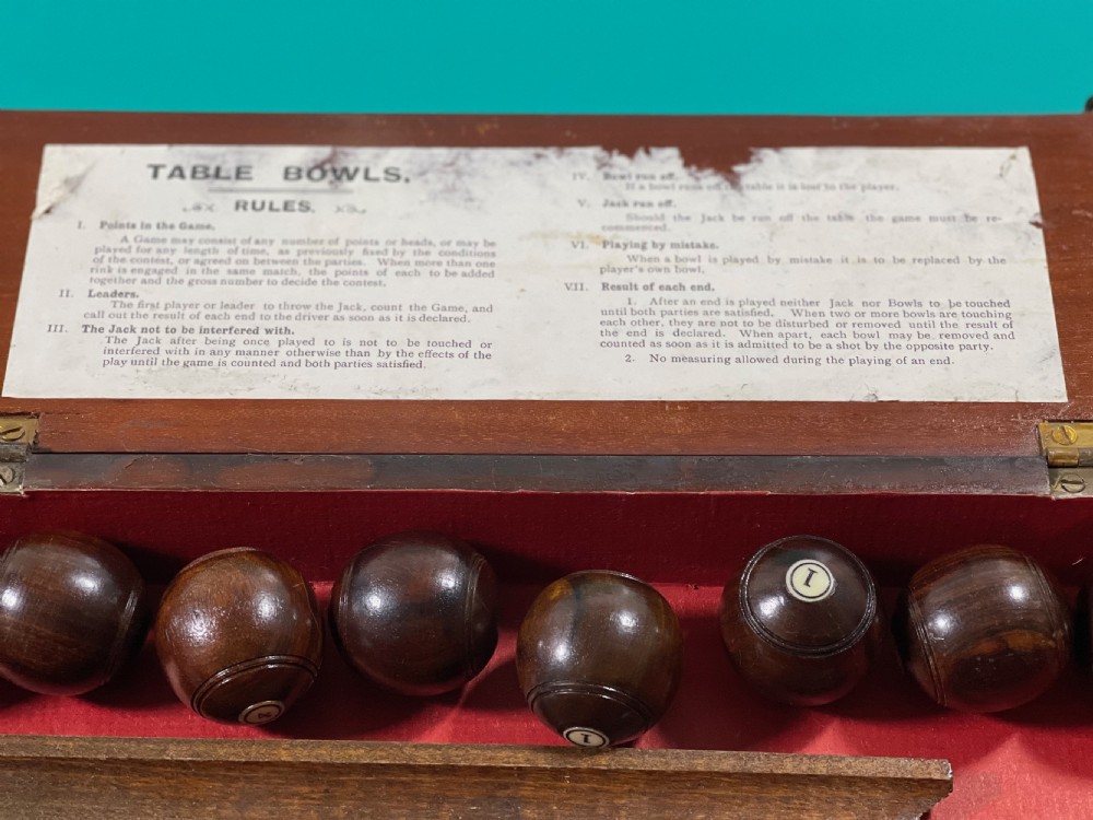 Antique treen Table bowls in a Mahogany Box - complete with rules View IV