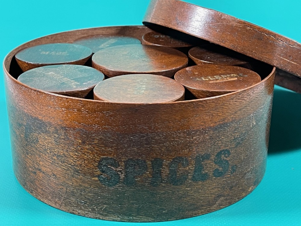 Antique Treen Spice Box - with 8 spice pots