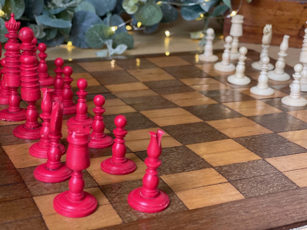 Antique Roll Up Wooden Chess Board & Chess Pieces View IV