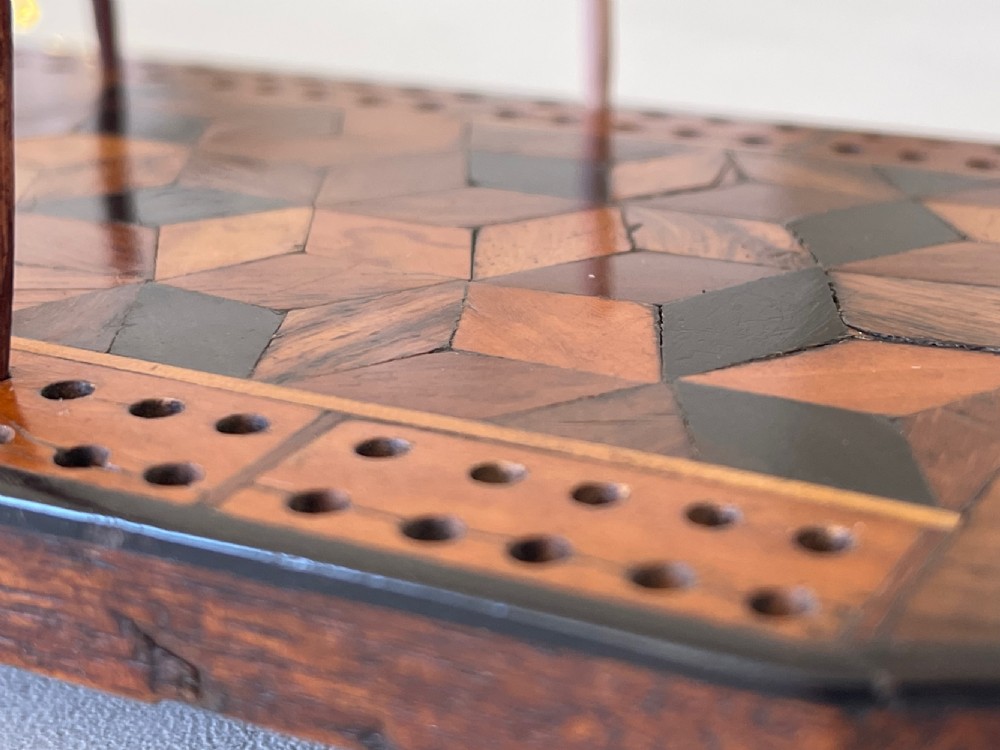 Antique Tunbridge Ware Cribbage Board & Pegs View II