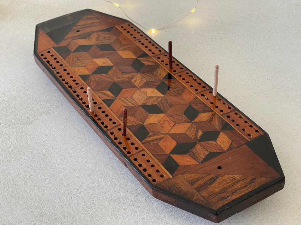 Antique Tunbridge Ware Cribbage Board & Pegs View V
