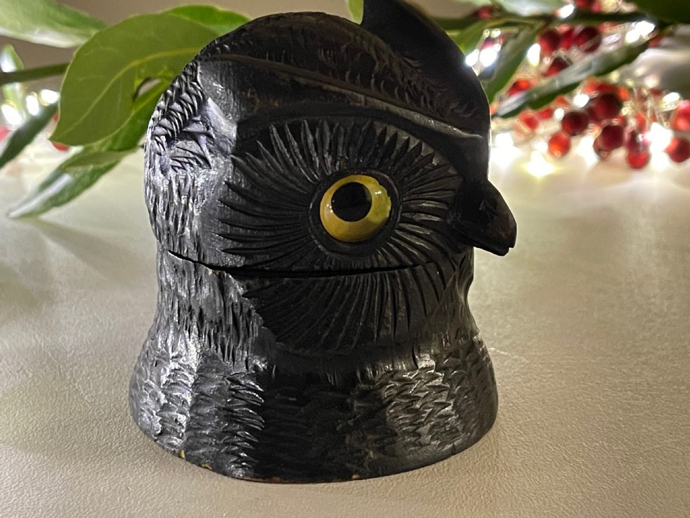 Antique Black Forest Carved Owl Ink Well