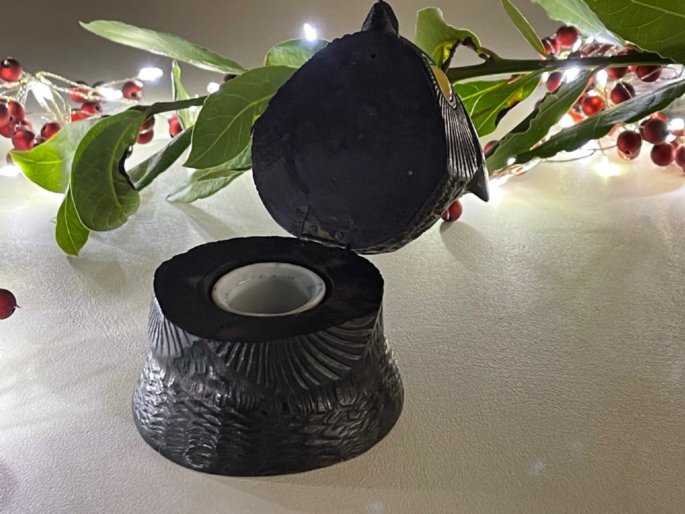 Antique Black Forest Carved Owl Ink Well View V