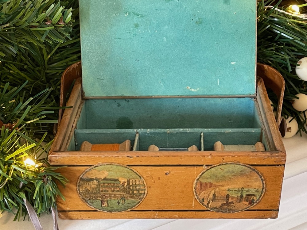 Antique Tunbridge Ware Sewing Pannier - reels & measure View V