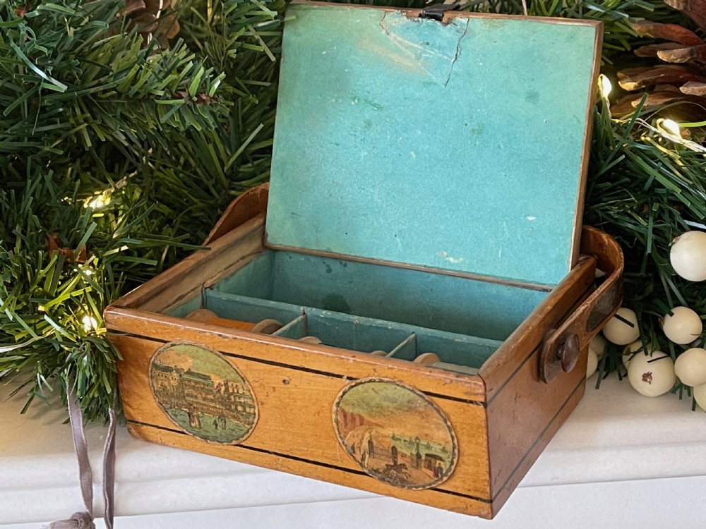 Antique Tunbridge Ware Sewing Pannier - reels & measure View VI