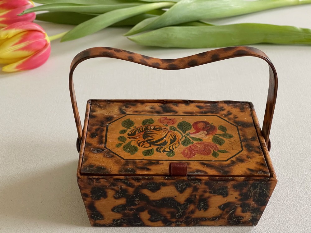 An unusual early Tunbridge Ware sewing pannier - decorated with hot poker work 