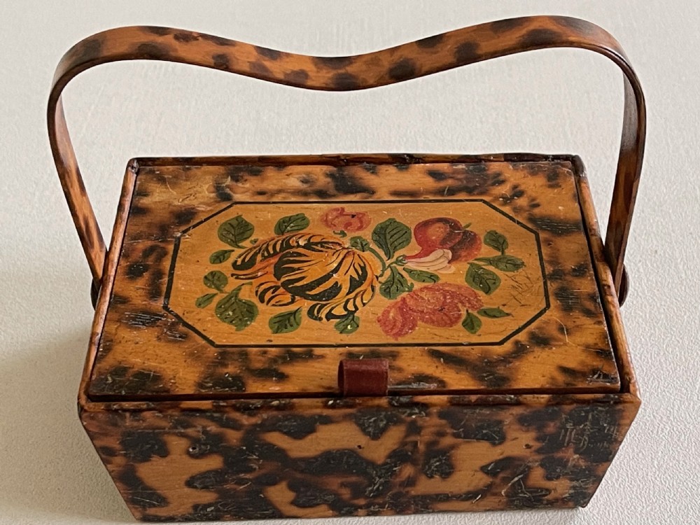 An unusual early Tunbridge Ware sewing pannier - decorated with hot poker work  View II