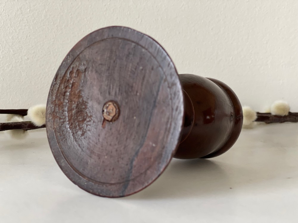 Antique treen English wide footed egg cup. View III
