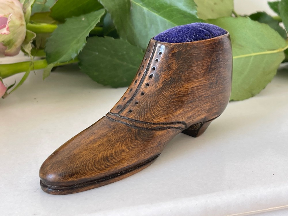 Antique Treen Pin Cushion Shoe