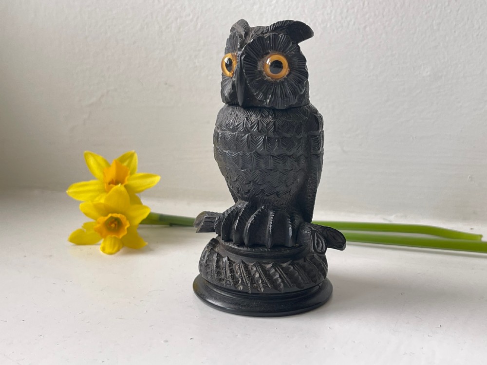 Antique Treen Black Forest Owl Match Holder & Striker