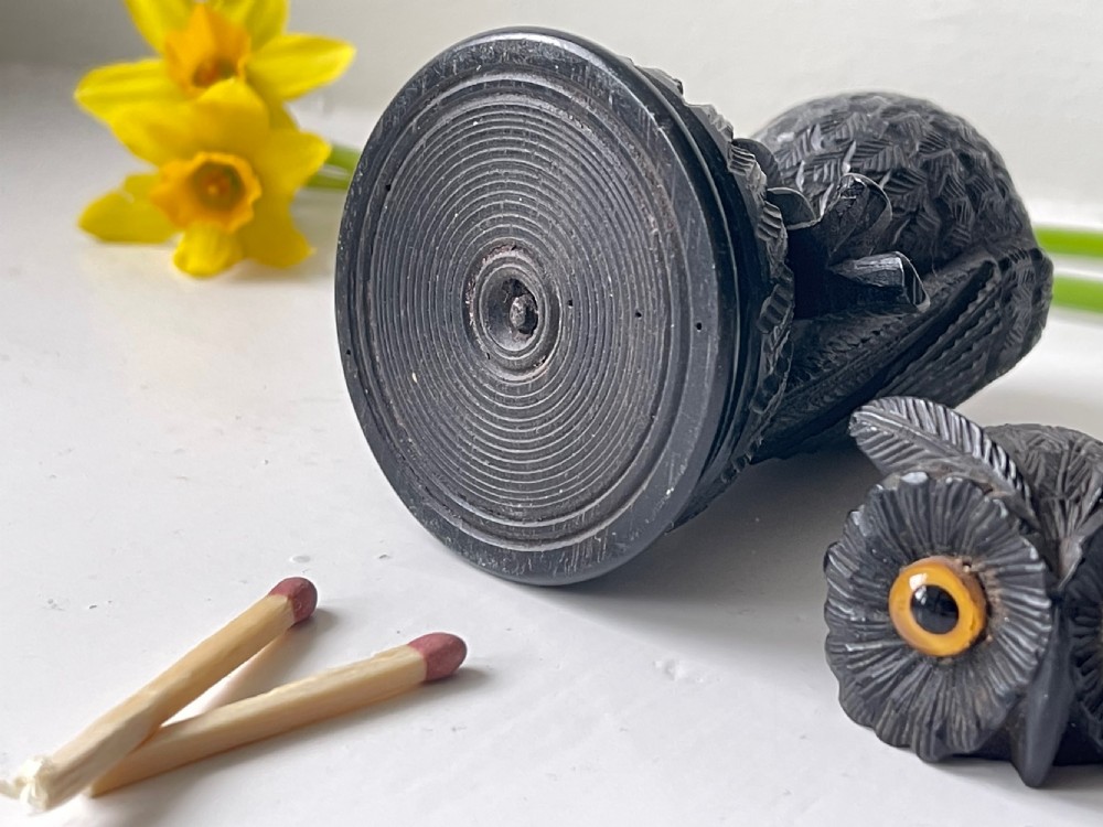 Antique Treen Black Forest Owl Match Holder & Striker View II