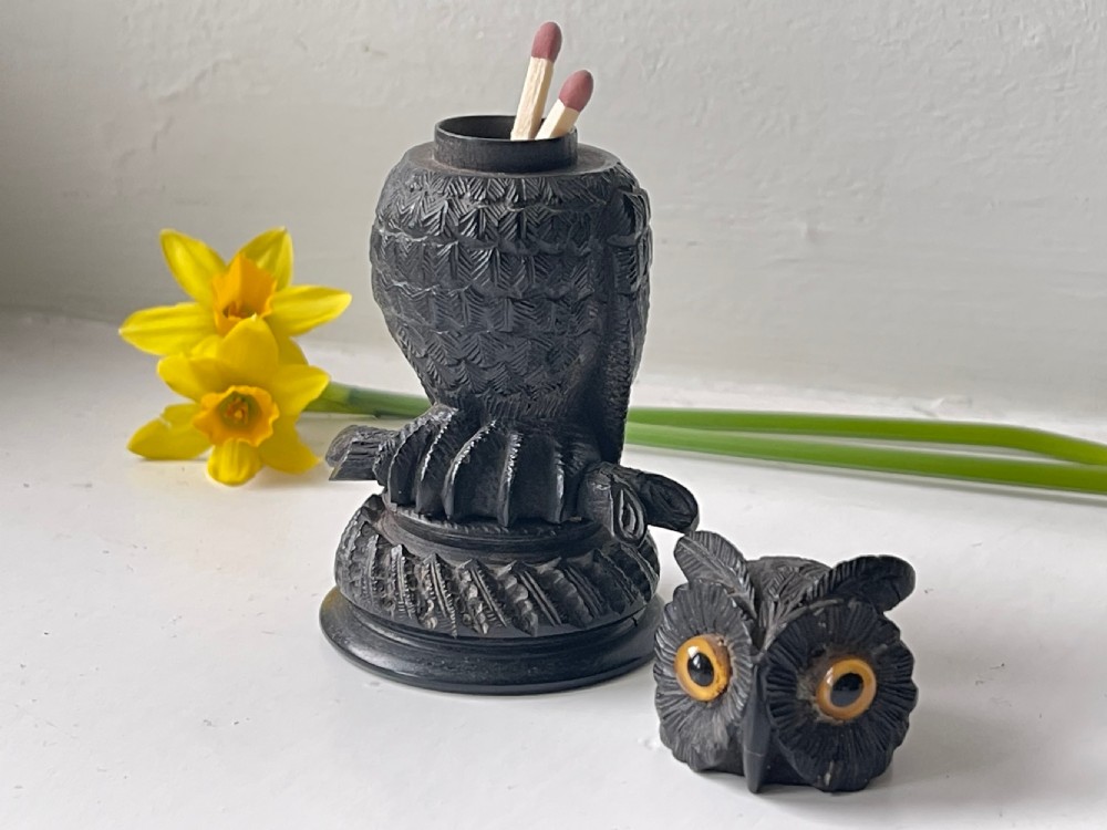 Antique Treen Black Forest Owl Match Holder & Striker View IV