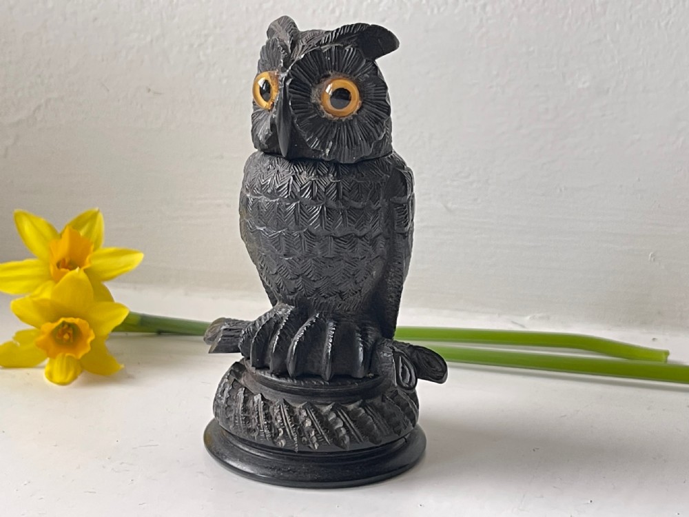 Antique Treen Black Forest Owl Match Holder & Striker View V