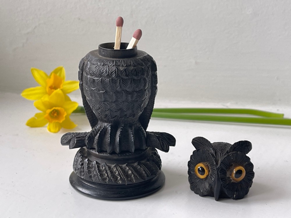 Antique Treen Black Forest Owl Match Holder & Striker View VI