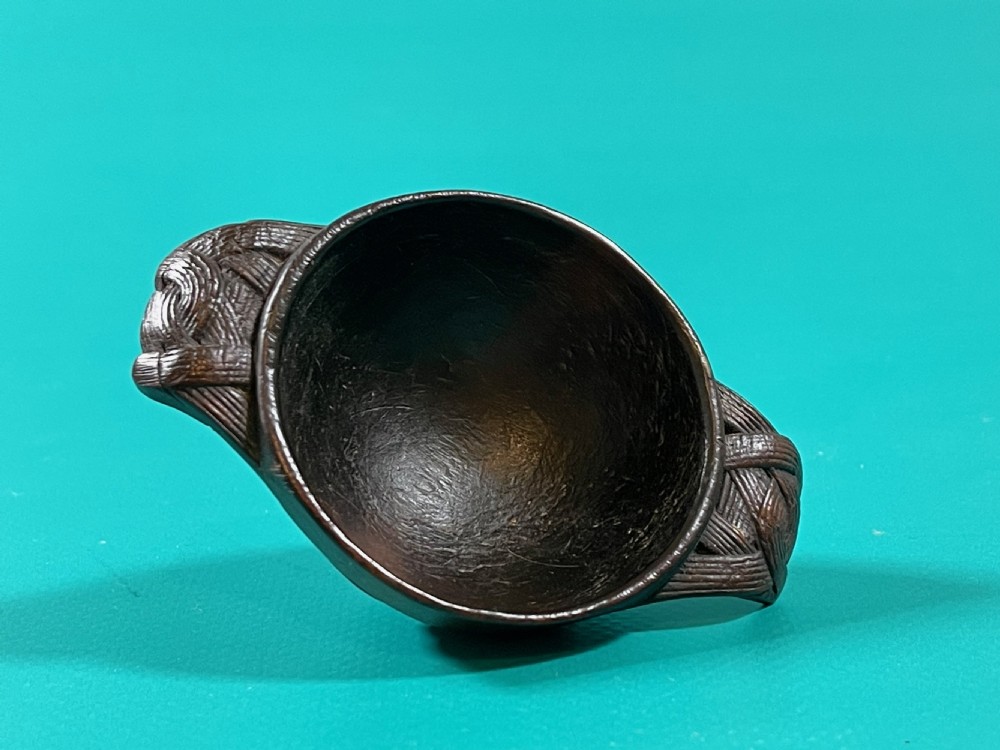 Antique Treen Scottish Quaich - carved basket weave decoration