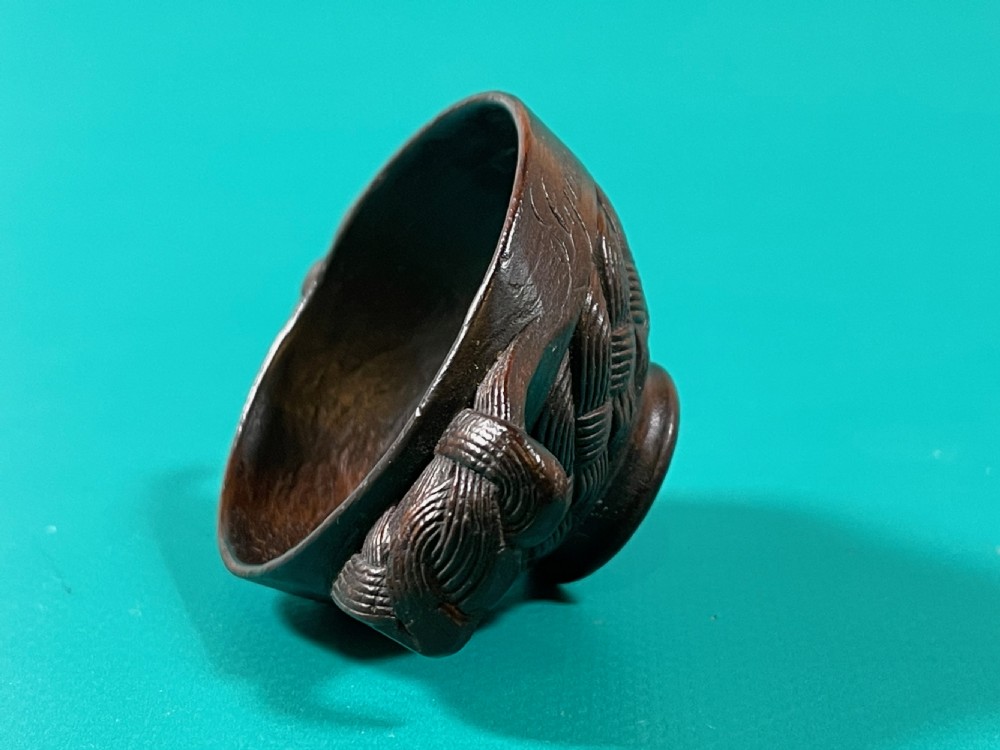 Antique Treen Scottish Quaich - carved basket weave decoration View II