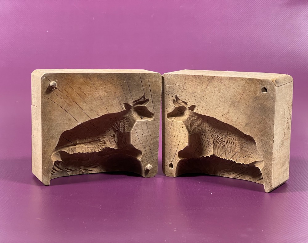 Antique Treen Two Piece Butter Mould - Bull/cow