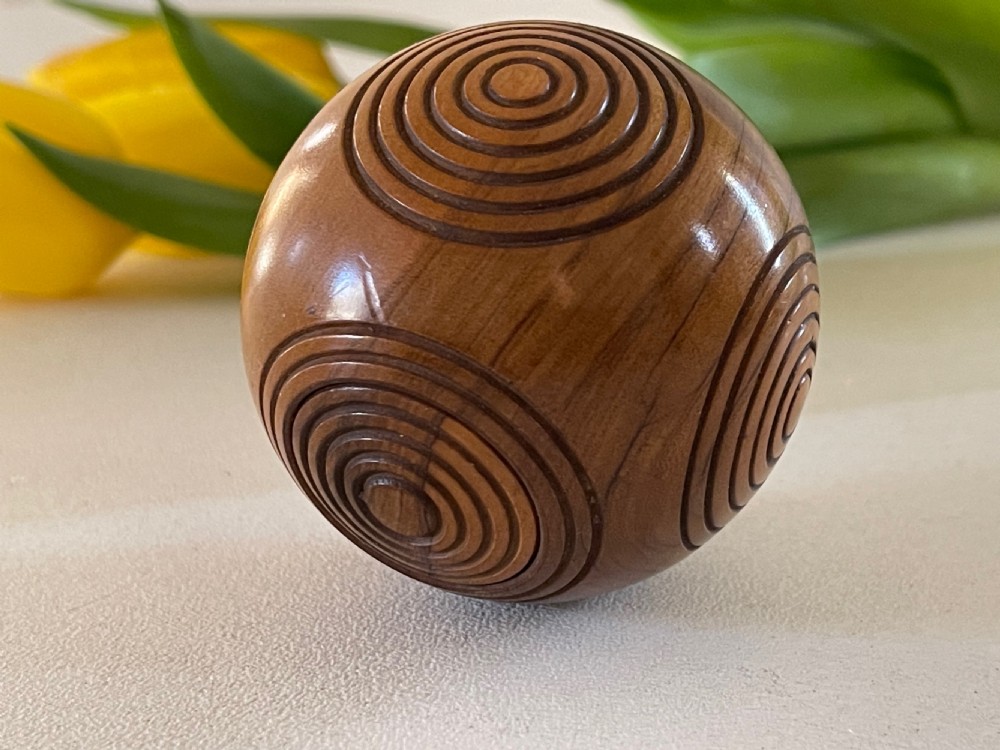 Antique Treen Puzzle Ball - snuff box, sovereign holder or for rouge View II