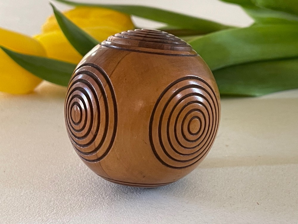 Antique Treen Puzzle Ball - snuff box, sovereign holder or for rouge View III