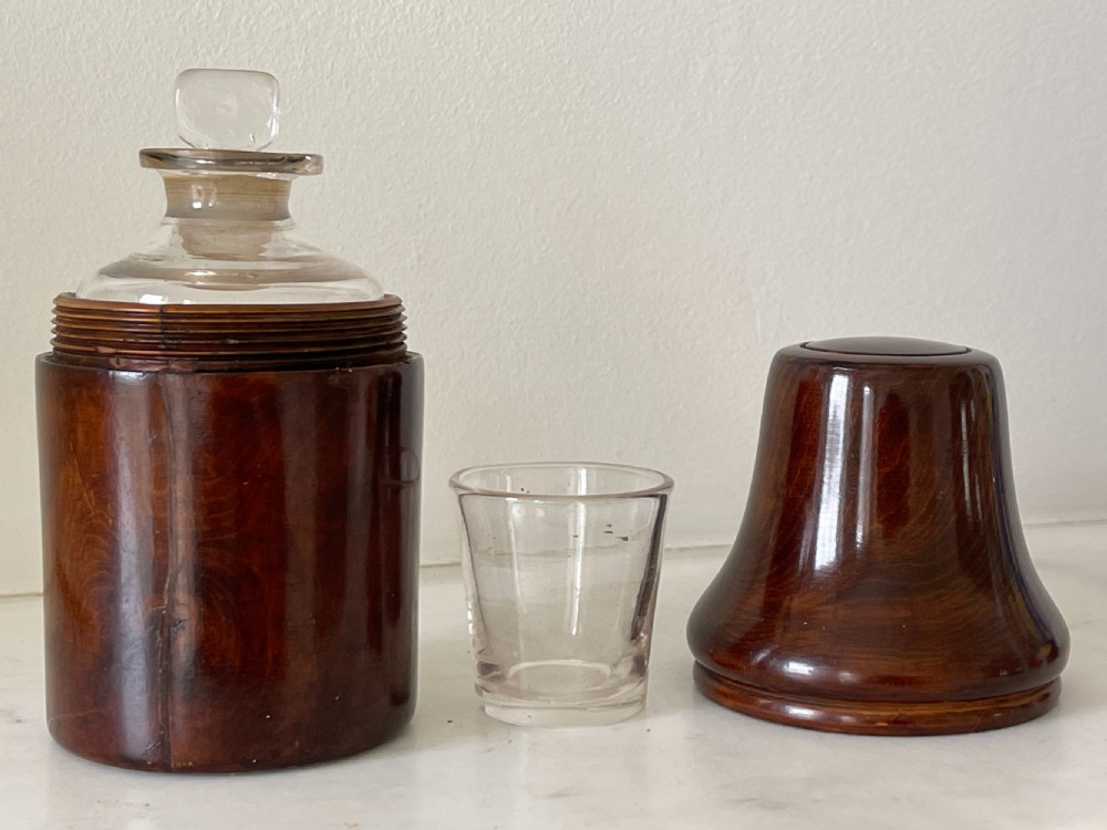 Antique Treen Fruitwood Bottlecase & Glass Bottle & Beaker View II