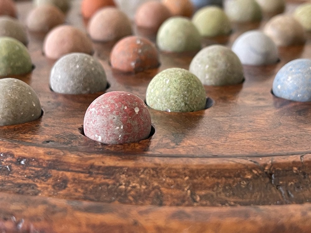 Antique Yew Wood Solitaire Board - with  colourful clay marbles View II