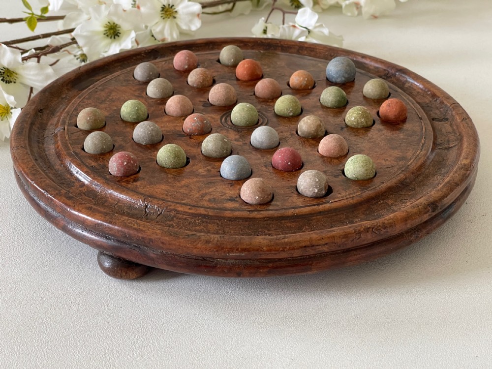 Antique Yew Wood Solitaire Board - with  colourful clay marbles View III